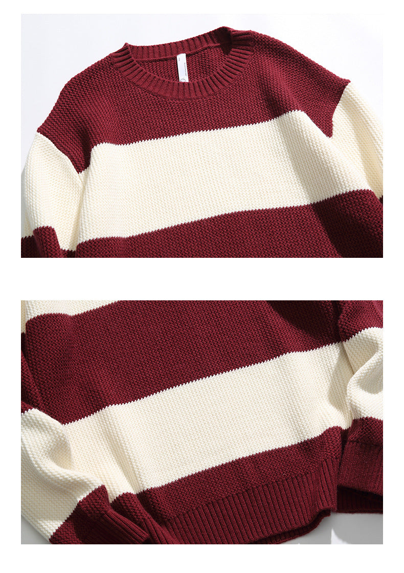 Autumn And Winter Striped Contrast Color Round Neck Sweater Men And Women Loose Leisure All-matching Couple