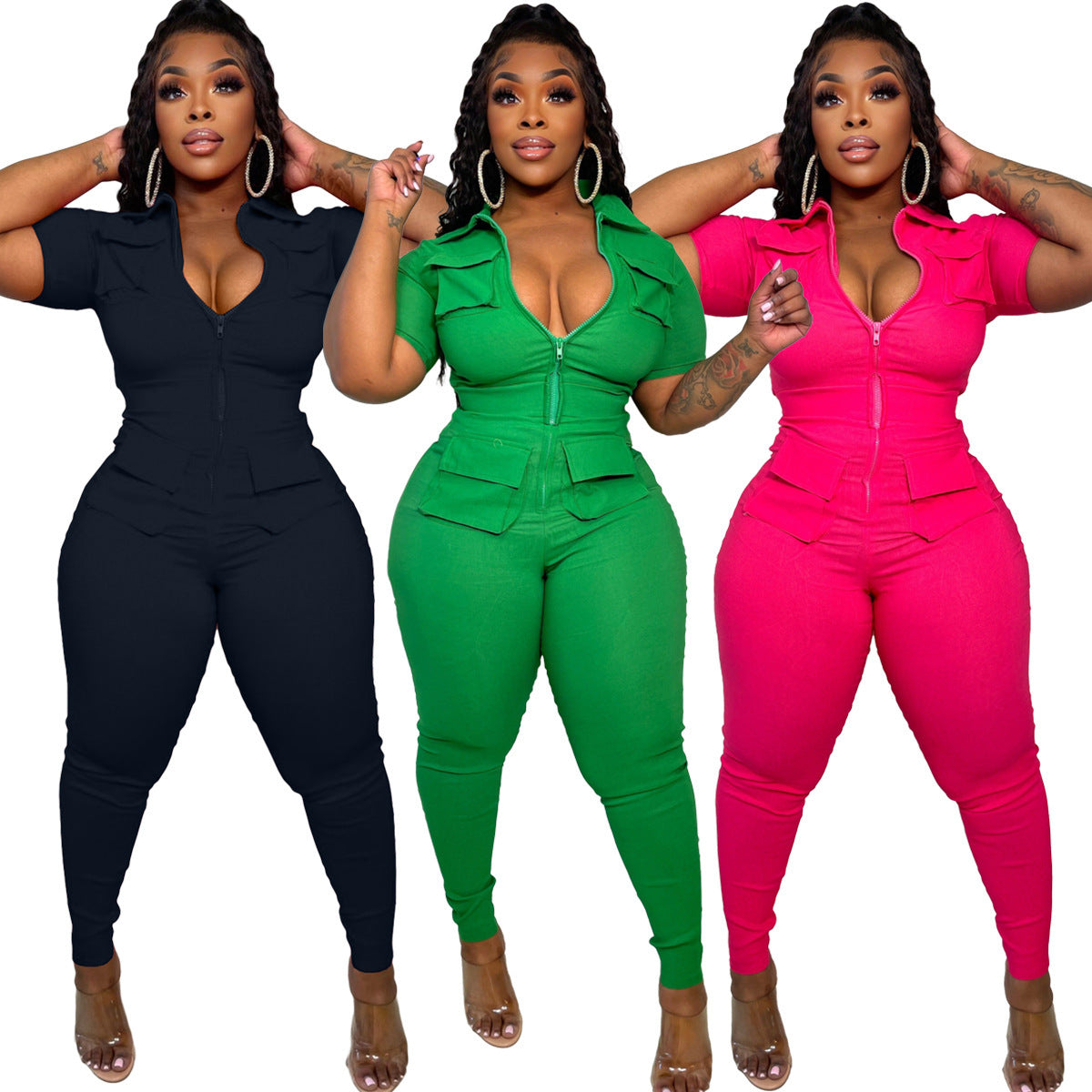 New Women's Clothing Zipper Three-dimensional Pocket Jumpsuit