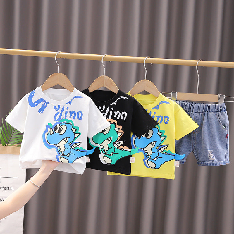 Dinosaur Round Neck Short Sleeve Cotton T-shirt Denim Shorts Suit