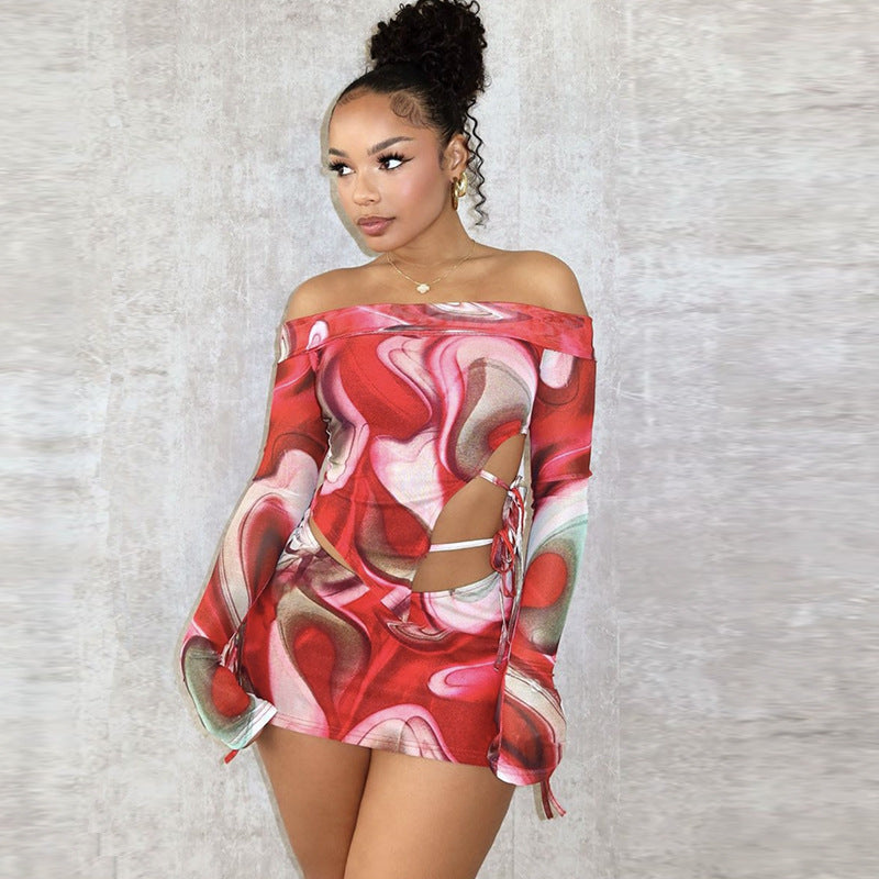 Printed Sexy Off-neck Bell Sleeve Skirt Two-piece Suit