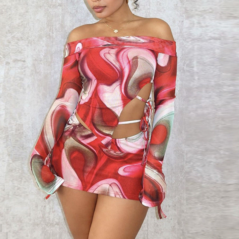 Printed Sexy Off-neck Bell Sleeve Skirt Two-piece Suit