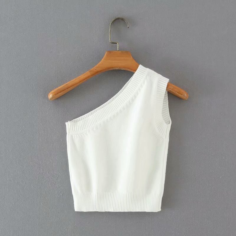 Fashion Solid Color Slanted Shoulder Solid Color Knitted Slim-Fit Vest Top