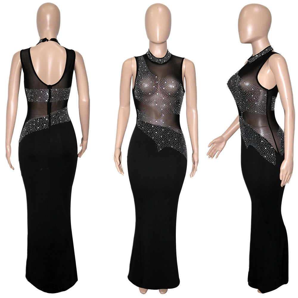 See-through Rhinestone Sleeveless Women's Nightclub Evening Dress