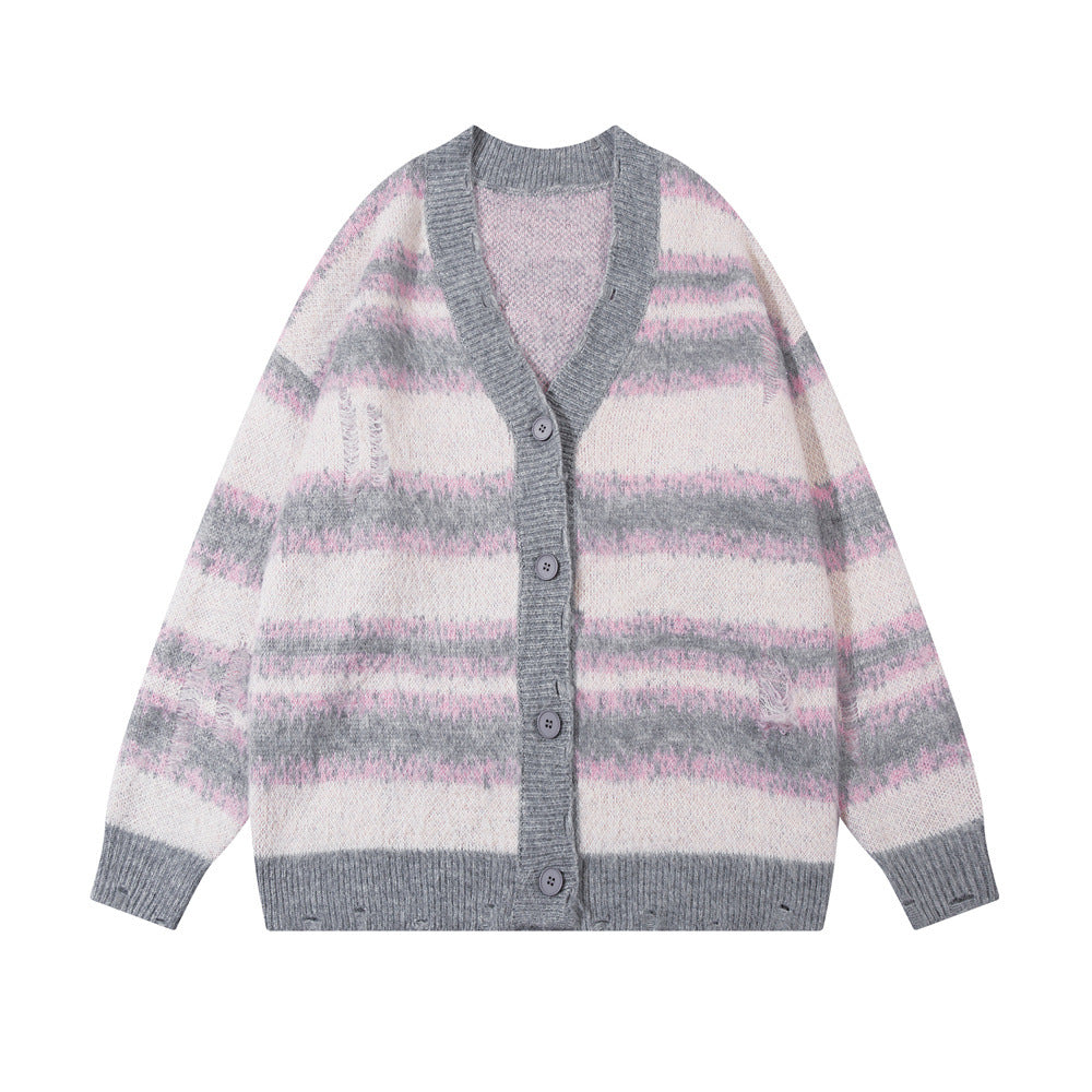 European And American Style Gradient Striped V-neck Sweater Coat