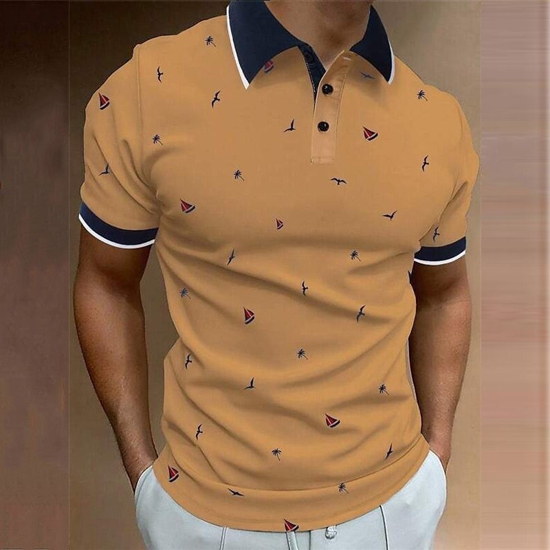 Button Lapel 3D Digital Printing Plus Size Printing Sailboat Flanging Street Style Short Sleeve