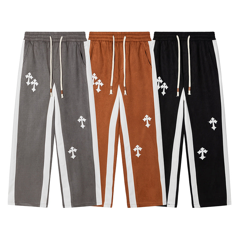 Classic American Retro Cross Embroidery Suede Casual Trousers for Men