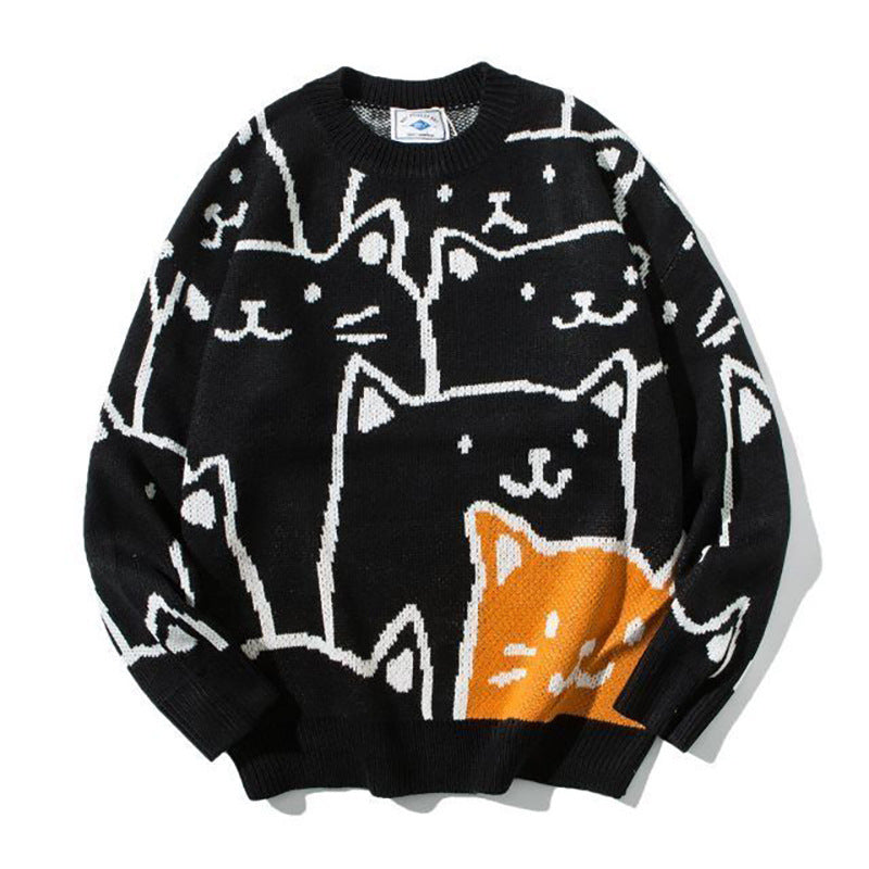 Cartoon Cat Round Neck Sweater Men's Autumn And Winter New Loose Couple Knit Sweater