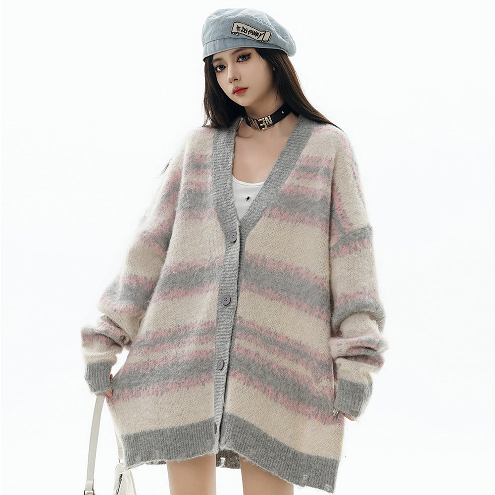 European And American Style Gradient Striped V-neck Sweater Coat