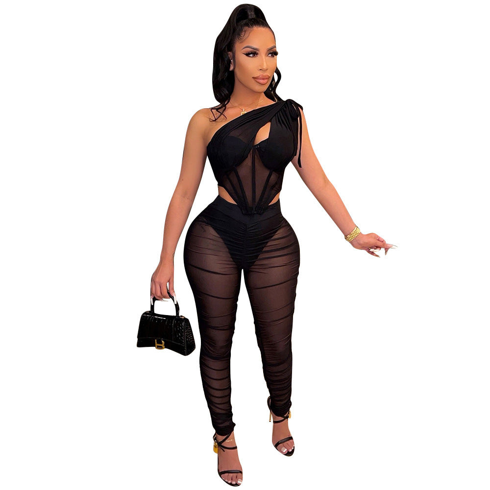 Fashion Sexy Mesh See-Through Irregular Top Two-Piece Suit