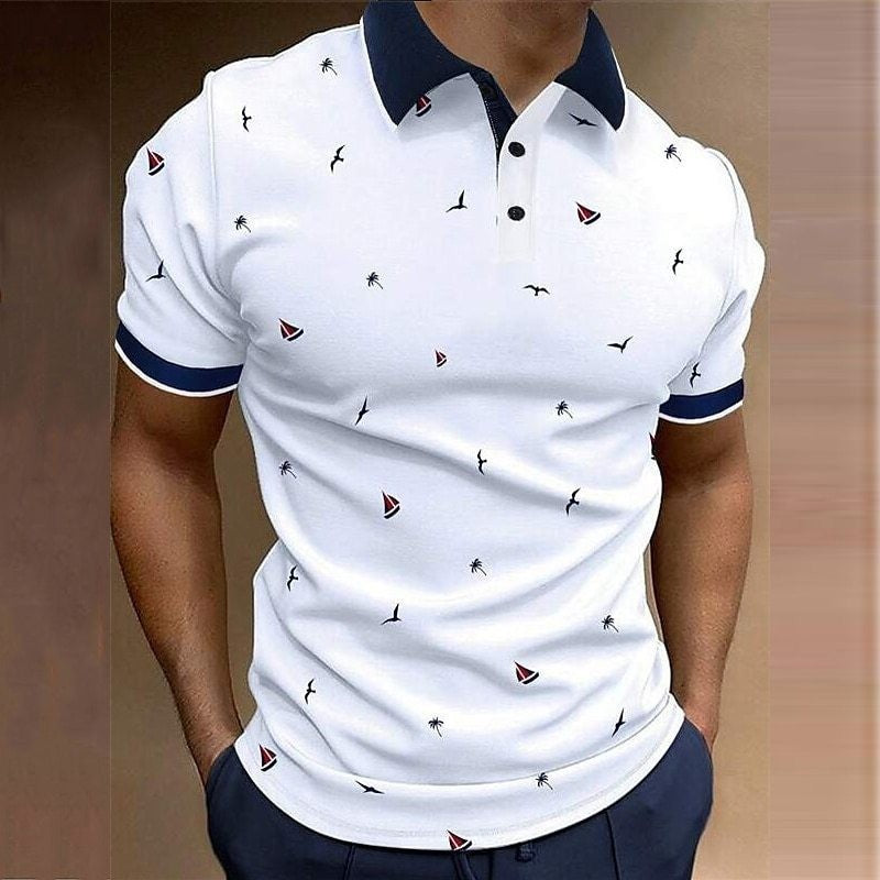 Button Lapel 3D Digital Printing Plus Size Printing Sailboat Flanging Street Style Short Sleeve